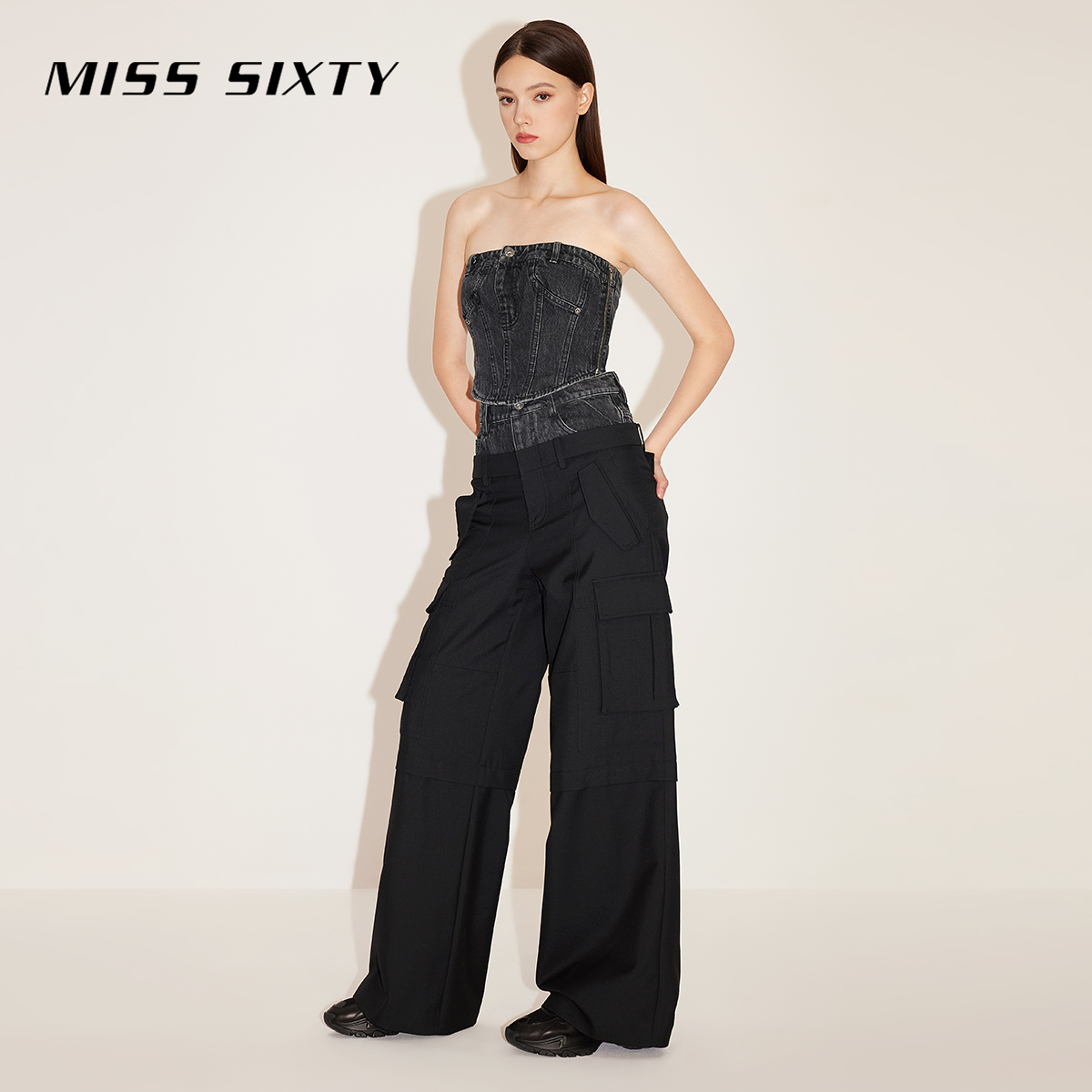 【黑金系列】Miss Sixty黑灰牛仔抹胸女性感修身Y2K辣妹鱼骨上衣 - 图3