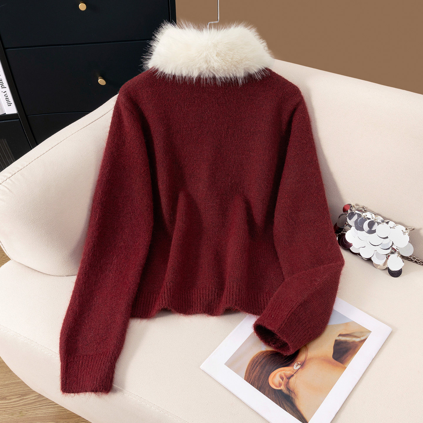 她池圆领毛衣2025冬装新款女装时尚氛围感单排扣宽松款短款上衣,淘宝优惠券,粉丝福利购,淘宝优惠卷