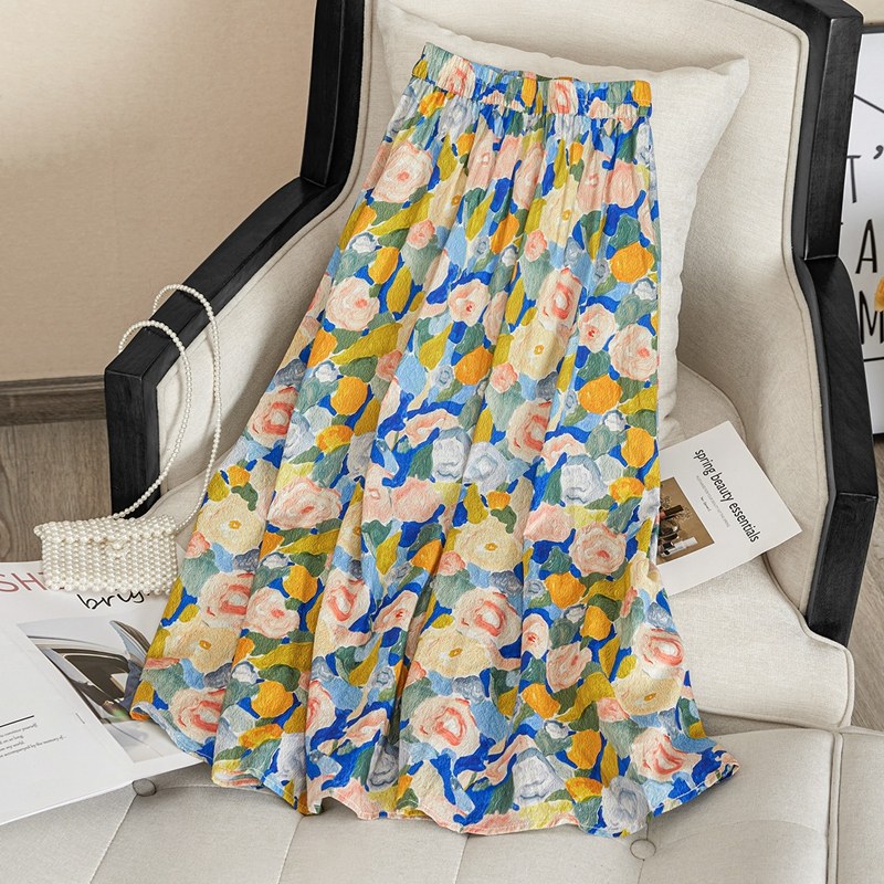 她池油画风2023春装新款松紧半身裙 她池半身裙