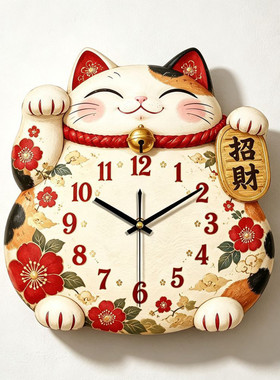 招财猫形状挂钟家用客厅静音钟表免打孔吉祥招财玄关装饰挂墙时钟