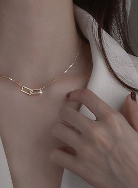 S925纯银轻奢方形双环相扣项链女小众设计百搭锁骨链ins几何吊坠