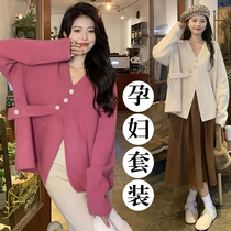 Pregnancy Woman Dress Autumn Winter New Sweater Suit Fashion style V neckline Obliquely Buttoned Casual Blouse Cardiovert Cardiovert Knitwear