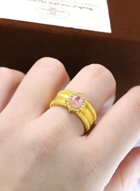 中古风沙金鸽子蛋戒指女复古设计感开口可调节食指戒仿黄金色指环