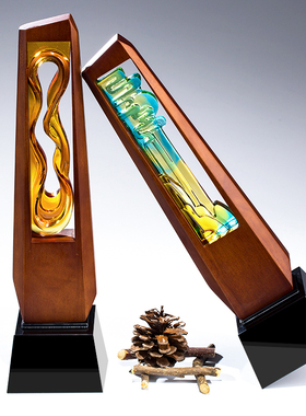 实木琉璃奖杯奖牌定制定做高档刻字公司年会优秀员工颁奖优秀年会