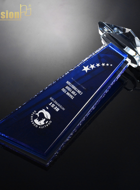 水晶奖杯刻字纪念品现货刻字纪念品蓝色奖牌定制定做个性奖杯年会