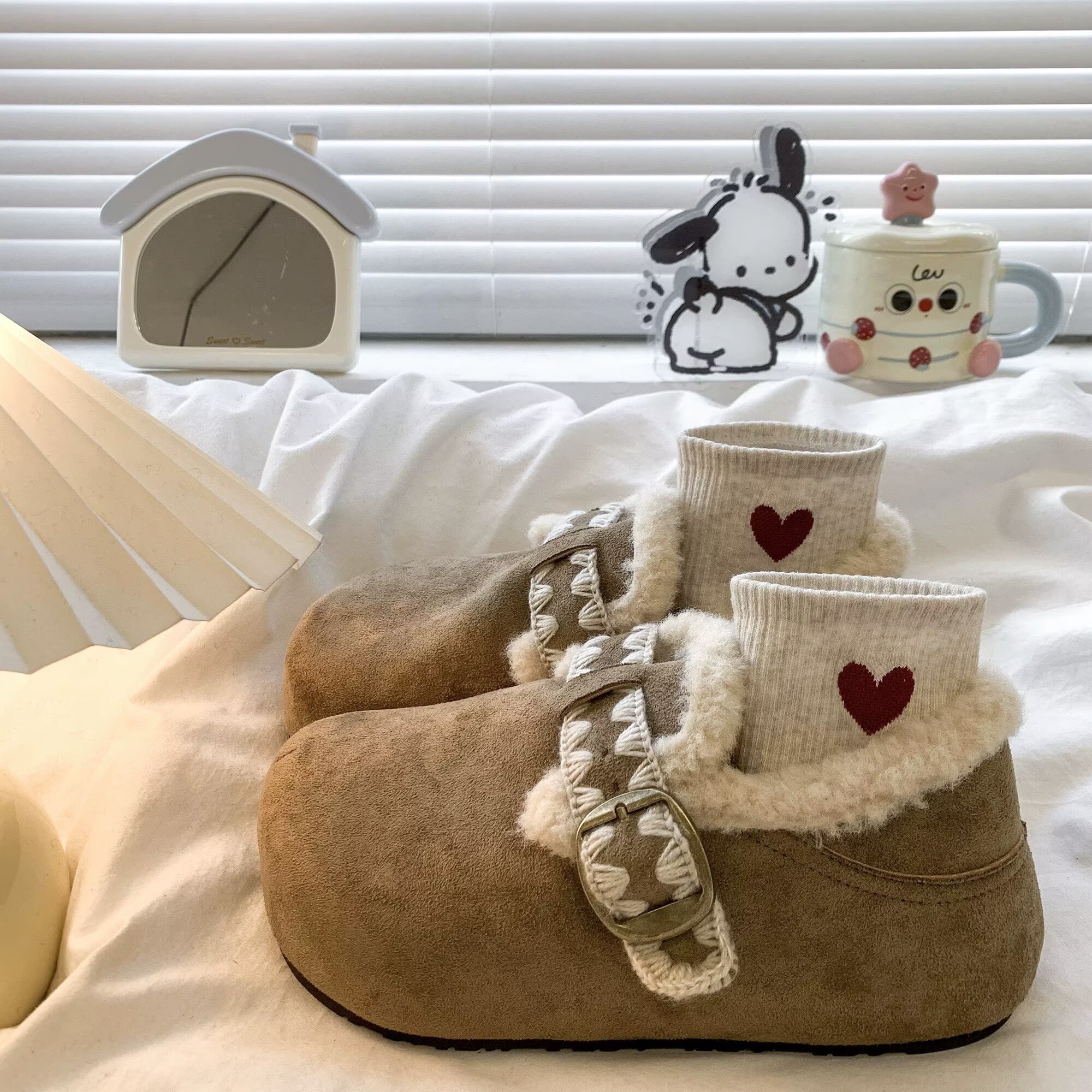 复古内增高厚底刺绣勃肯鞋加绒雪地靴女2025新款秋冬两穿包头半拖 - 图0