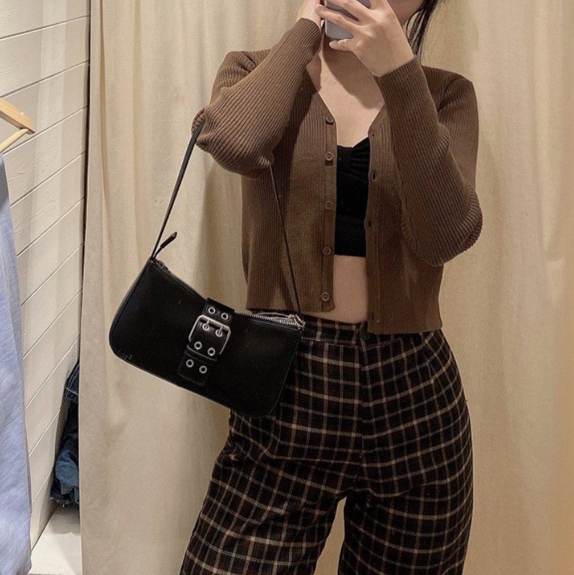 复古冷淡风皮扣设计腋下黑包包女2020早春新款百搭单肩挎包潮,淘宝优惠券,粉丝福利购,淘宝优惠卷