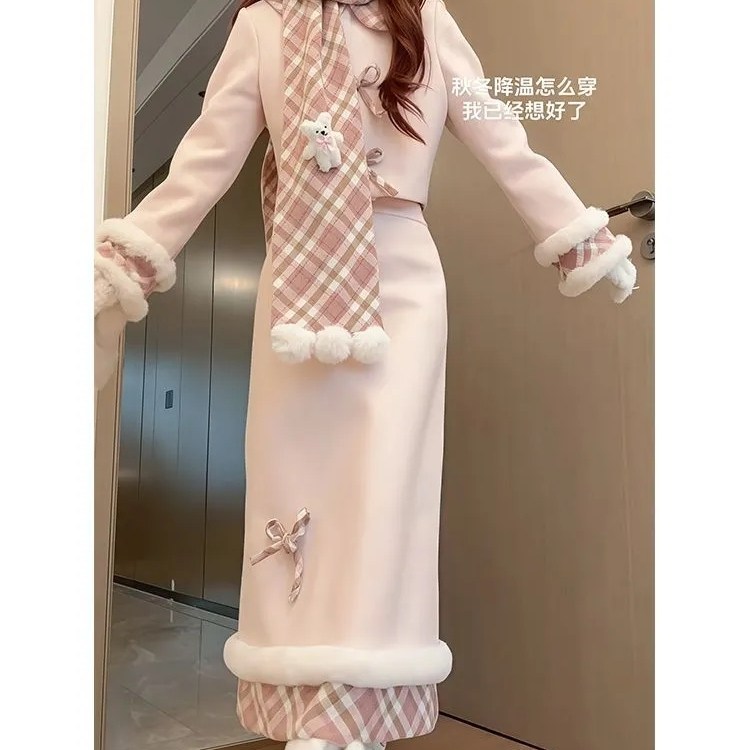 秋冬氛围感小个子甜美格子拼接围巾粉色毛呢外套半身裙显瘦套装女,淘宝优惠券,粉丝福利购,淘宝优惠卷