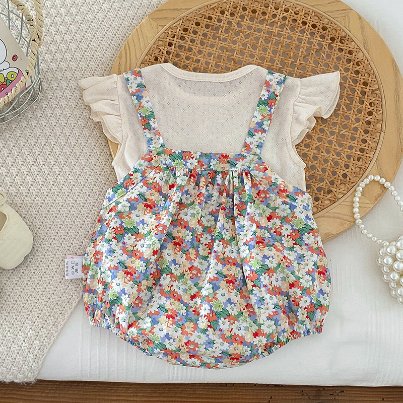 韩版婴儿夏装可爱包屁连体衣服套装女宝宝哈衣超萌背带薄款两件套 - 图1