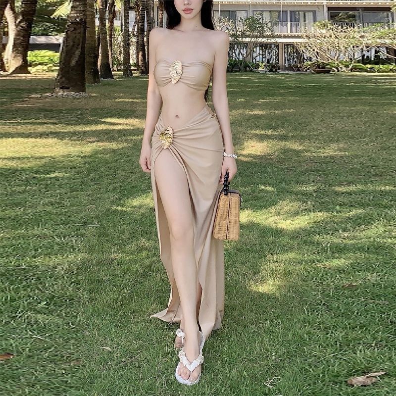 辣妹高级性感抹胸显瘦高开叉比基尼度假沙滩海边出片泳衣泳池穿搭 - 图1