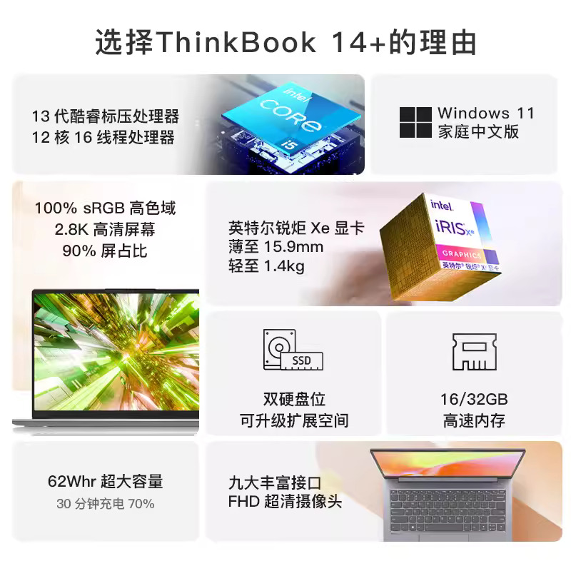 联想ThinkBook14+酷睿13代i5标压14寸商务办公轻薄便携笔记本电脑 - 图0