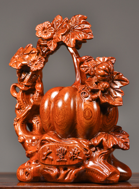 花梨木雕南瓜摆件中式客厅家居玄关电视柜装饰工艺品乔迁新居礼物