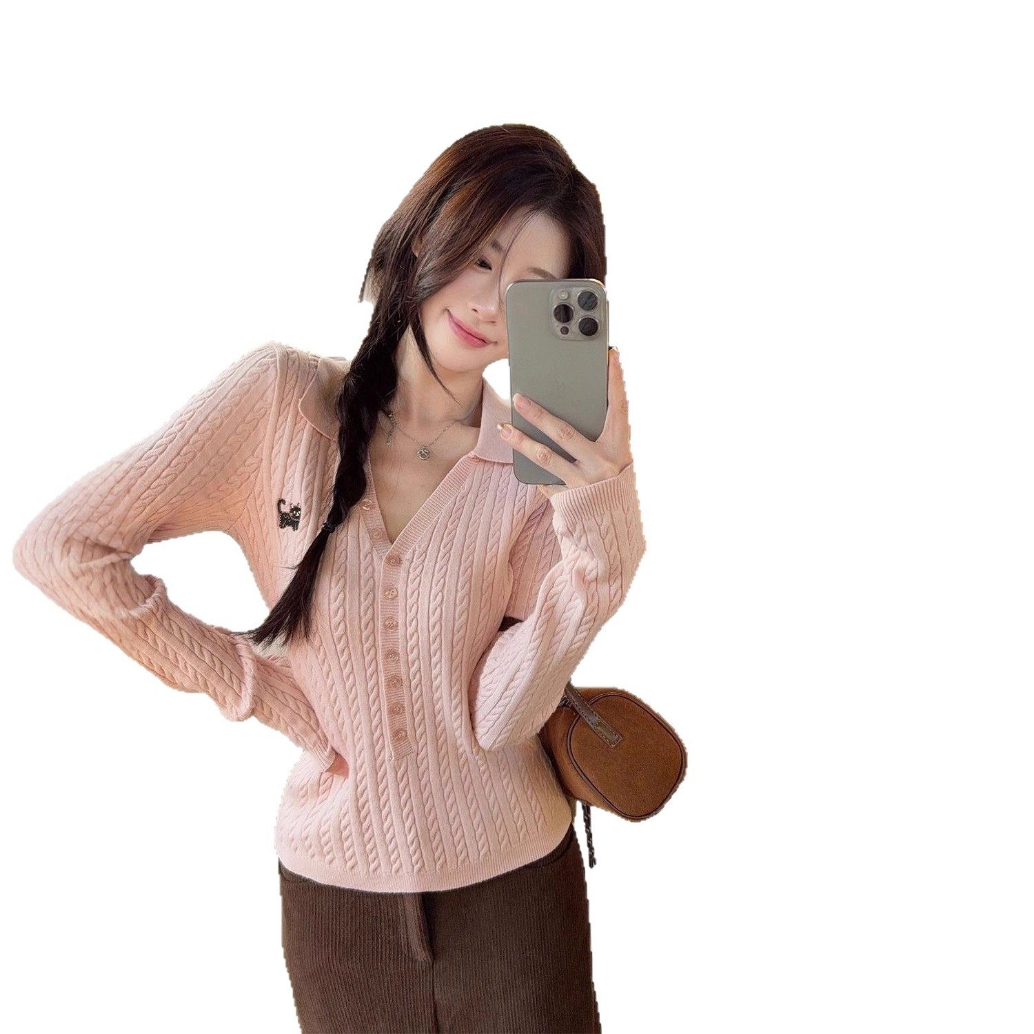 小猫刺绣粉色v领针织衫女秋冬麻花修身毛衣甜美韩系打底长袖上衣,淘宝优惠券,粉丝福利购,淘宝优惠卷