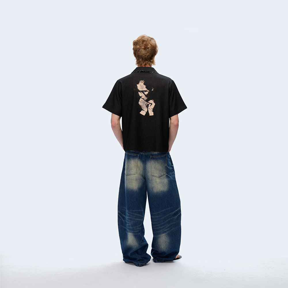 TZ killer Raw-edged denim shirt毛边领口仿牛仔印花衬衫短袖男