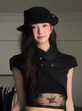 黑色赫本风卷边渔夫帽女新款