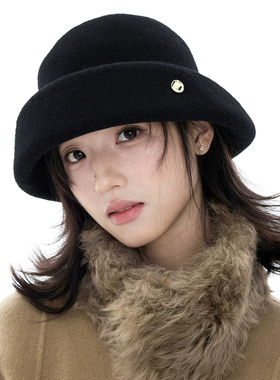 秋冬羊毛卷檐保暖渔夫帽女