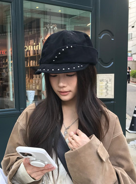 山本风复古黑色褶皱贝雷帽女春夏
