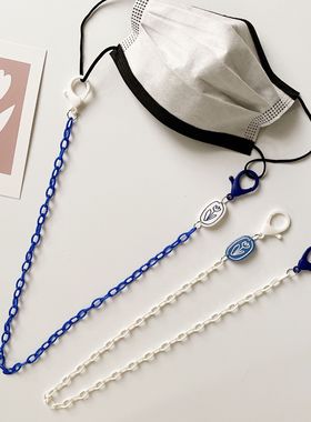 口罩链防丢挂脖亚克力细链新款蓝白小花吊坠简约装饰项链墨镜链