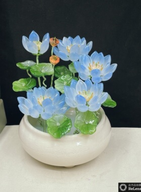 琉璃荷花仿真花观音供花桌面摆件