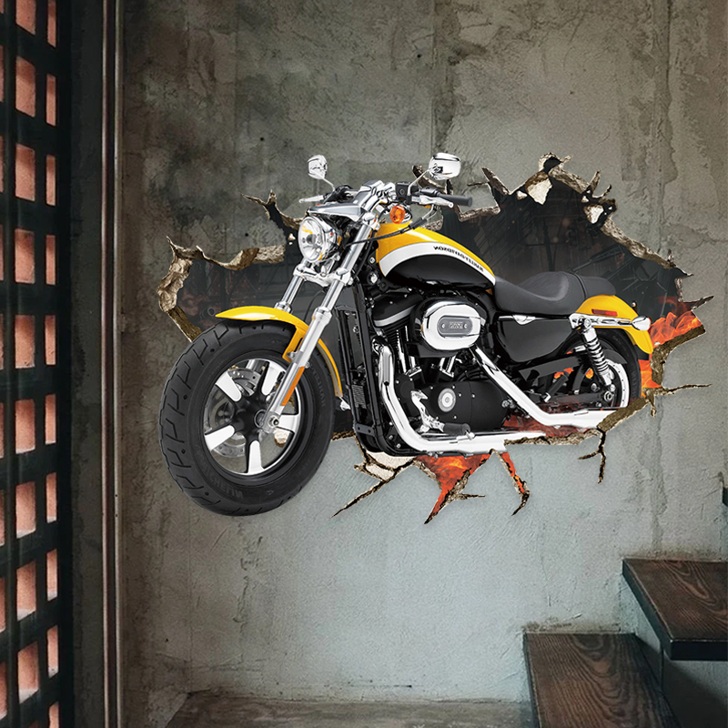 3D立体穿墙机车赛车摩托车墙贴工业风汽车美容装饰背景贴纸自粘-图1
