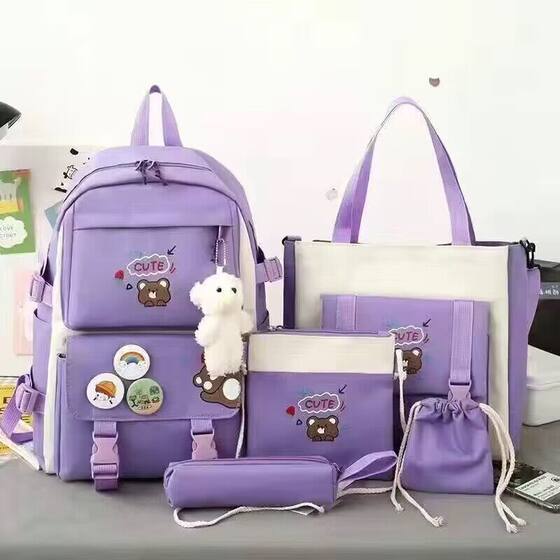 Five-piece primary school girl's canvas schoolbag set