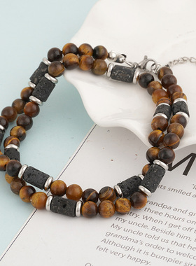 欧美新款虎石天然石男士时尚潮流手工串珠简约黑玛瑙火山石项链