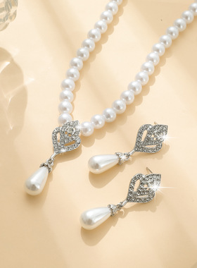 欧美时尚新珍珠项链首饰套装镶钻玫瑰花镂空吊坠珍珠流苏新娘套链