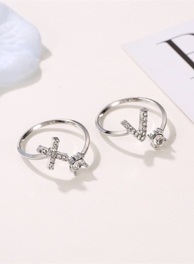 欧美新款创意26字母戒指可调节微镶钻英文A-Z指环跨境饰品批