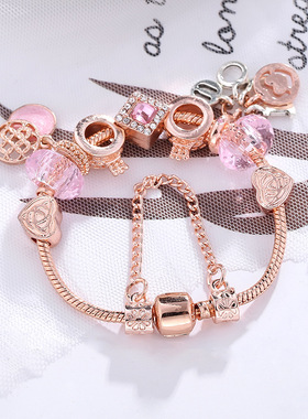 韩国韩式玫瑰金小皇冠树脂串珠粉色魅力女士手链diy手工精品