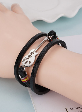 欧美时尚男士复古真皮不锈刚男士吉他多层编织皮绳黑色送男友手镯