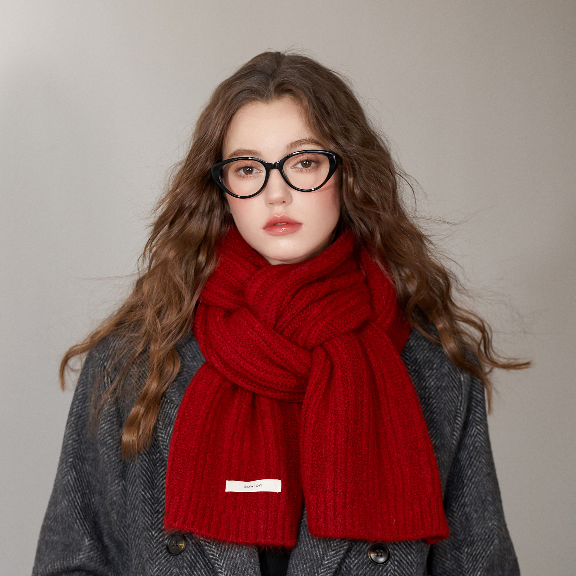 酒红色显白围巾复古加厚学院风针织毛线秋冬季搭配氛围感女生围脖 - 图1