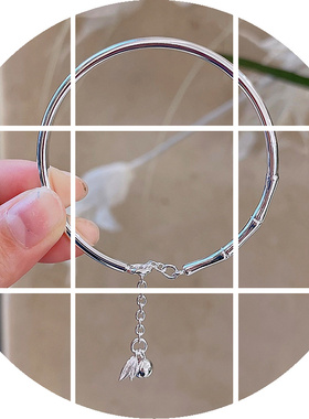 竹节足银9999纯银手镯竹叶铃铛镯