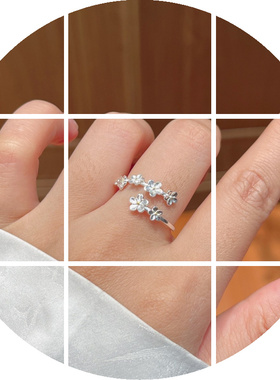 有钱花开口纯银戒指女足银999花