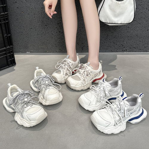 真皮网面透气薄款老爹鞋女欧货2026夏季新款厚底增高显脚小运动鞋-图2
