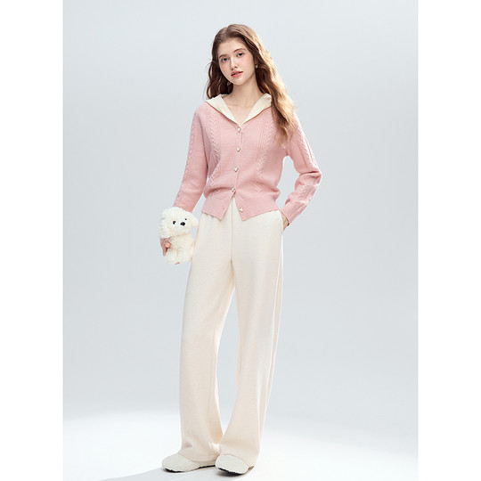 Betu Baitu pink fake two-piece hooded sweater jacket for women 2025 winter new sweet knitted cardigan