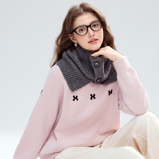 Betu Baitu temperament bow jacquard round neck sweater for women 2025 winter new lazy style sweater