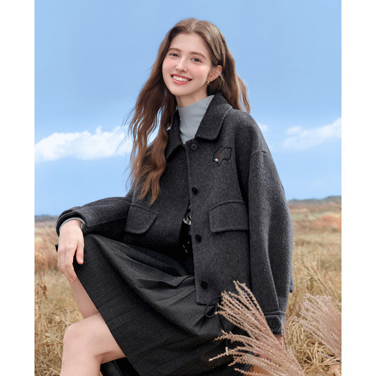 Betu dark gray sheep wool double-sided woolen coat women's short 2025 autumn new woolen coat