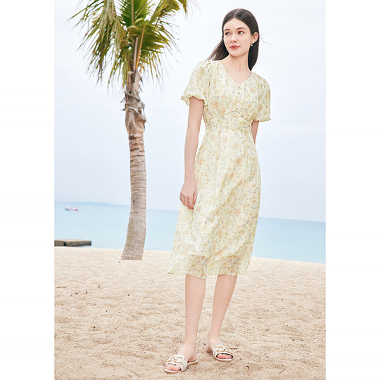 Betu women's clothing 2025 summer new high-waist printed dress women's V-neck floral skirt mid-length skirt