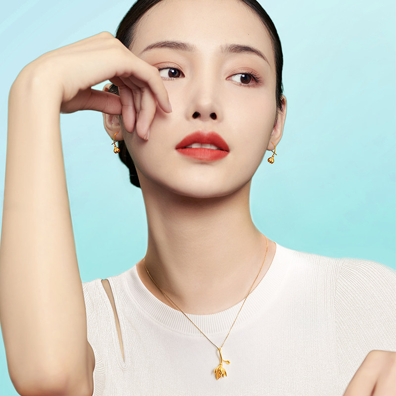 千叶珠宝古法玉兰花朵足金万能耳钩 千叶珠宝耳饰