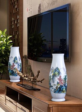 景德镇陶瓷器一对山水画插花瓶摆件客厅新中式电视柜玄关装饰大号