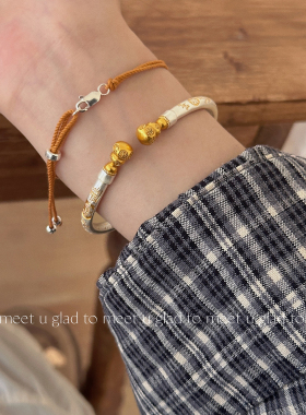 足银9999描金实心手镯女招财猫