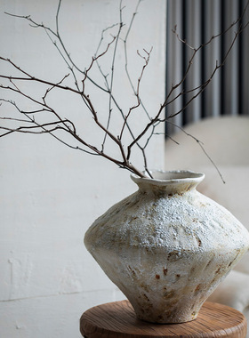 景德镇复古陶瓷花瓶新中式侘寂风家居客厅装饰品摆件干花粗陶花器