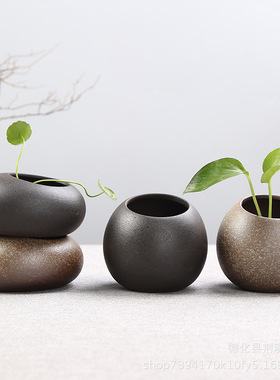 粗陶花插复古家居装饰品摆件简约陶瓷小花瓶中式创意花器禅意花插