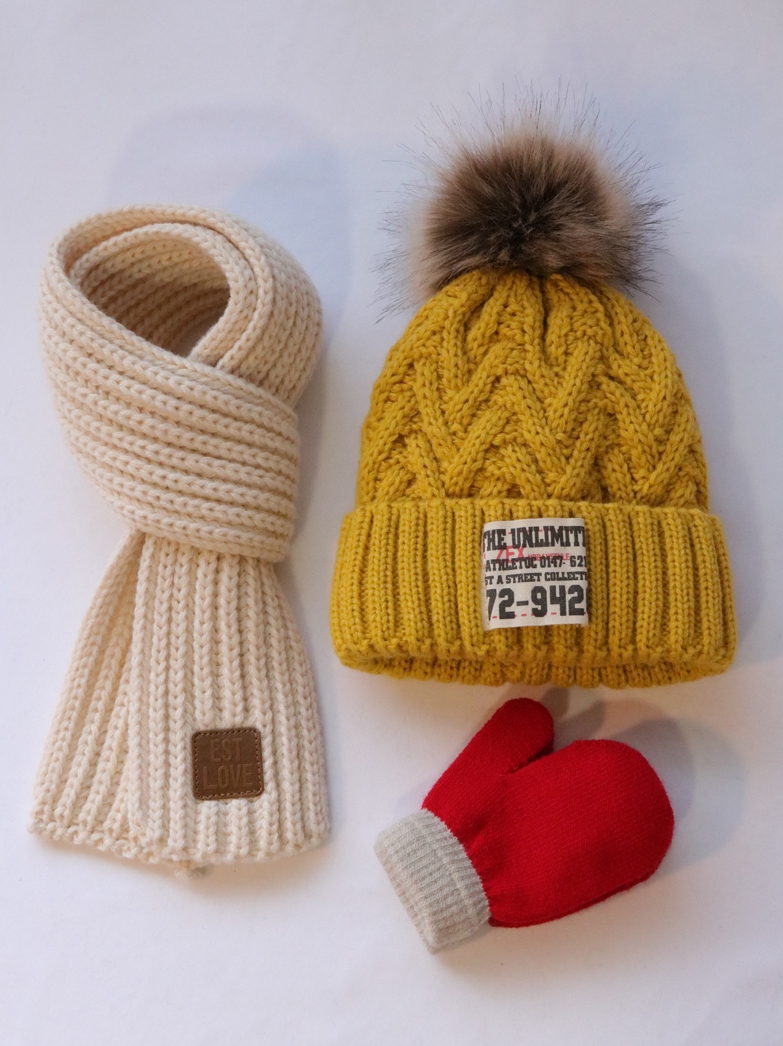 儿童帽子围巾手套三件套装冬季2023保暖加绒加厚女孩中大童针织帽