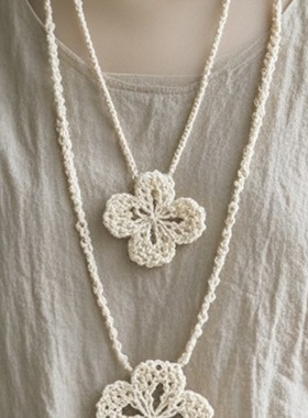 2024新款森女复古文艺气质手工编织四叶草棉麻配饰双圈项链毛衣链