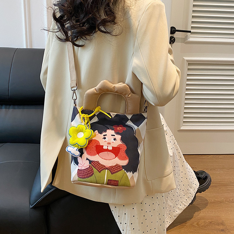 帆布小包包2025新款可爱卡通插画包少女手拎水桶包百搭单肩斜挎包,淘宝优惠券,粉丝福利购,淘宝优惠卷