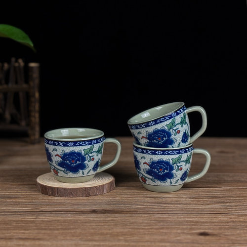 青花瓷带把小茶杯子家用有耳朵杯防烫手喝茶品茗陶瓷小把手杯茶具 - 图2