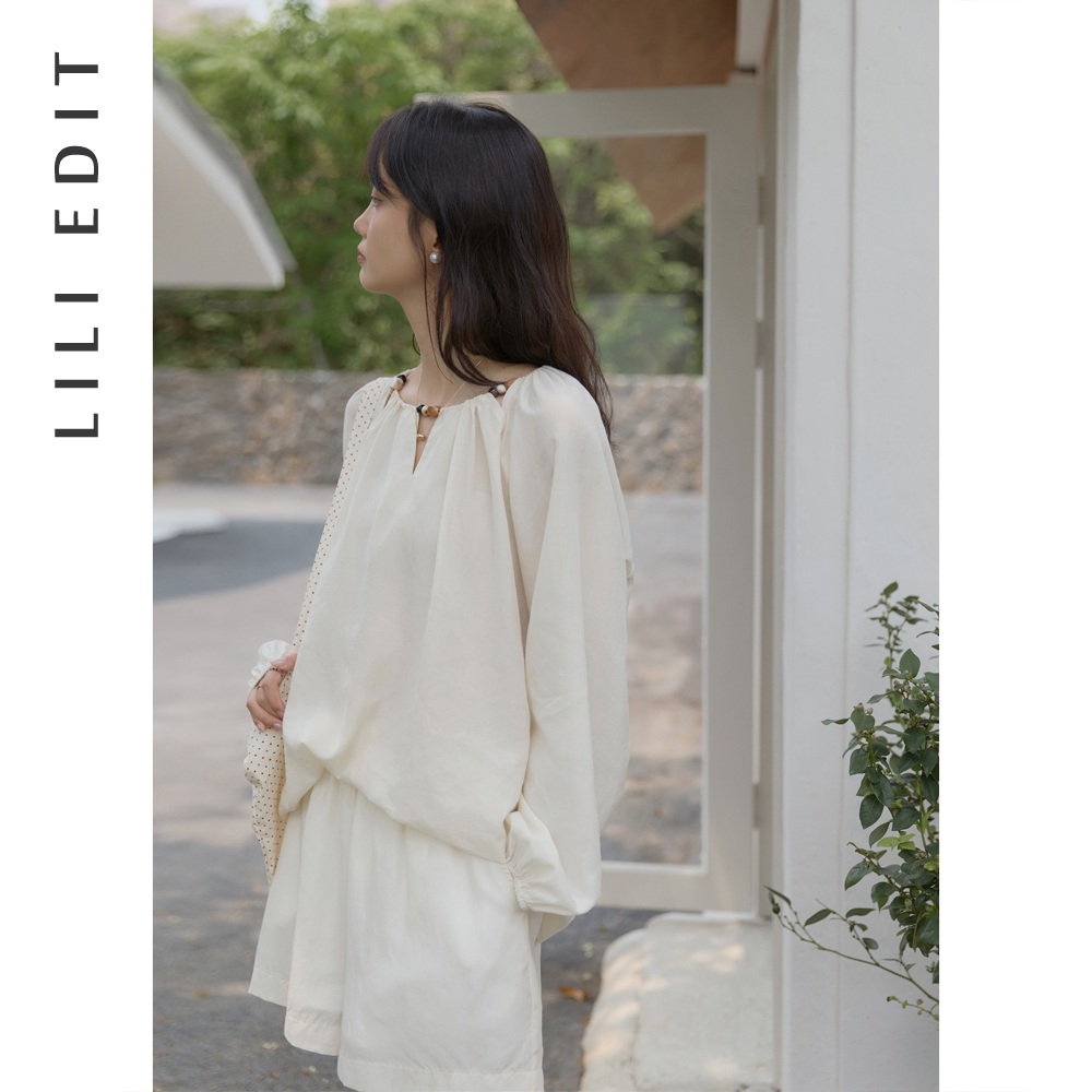 LILI EDIT/串珠领度假风裙裤套装女夏新款别致长袖衬衫休闲两件套