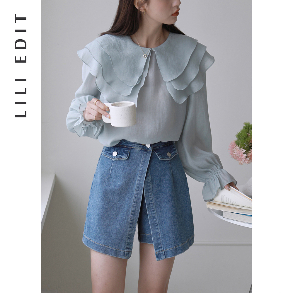 LILIEDIT/甜美天丝花瓣领荷叶边衬衫2023新款衬衣女喇叭袖娃娃领 - 图0