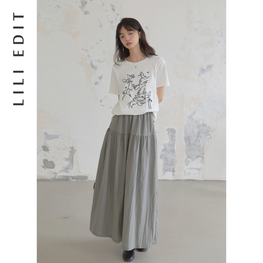 LILI EDIT/灵动飞鸟独特别致重工刺绣T恤女夏季柔软纱棉短袖上衣 - 图0